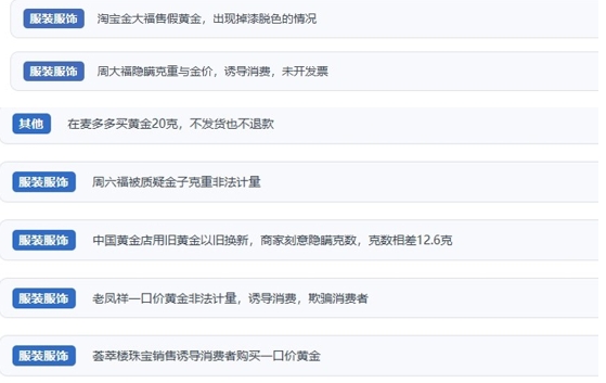     網(wǎng)友涉及黃金消費(fèi)糾紛的相關(guān)投訴問題。（“人民投訴”用戶投訴截圖）